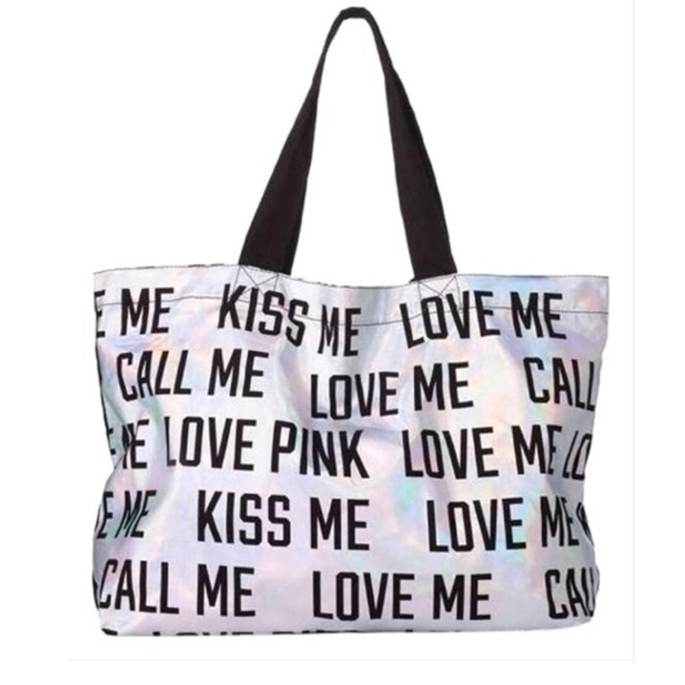 Victoria’s Secret Silver Metallic Love Me Kiss Me Call Me Tote Bag